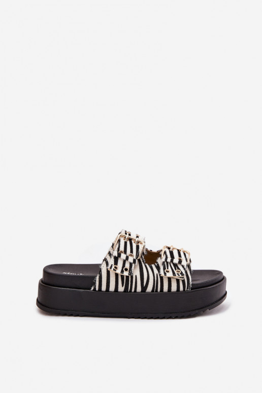 Goldene Damenpantoletten mit Schnallen und Plattform Zebra Virvania