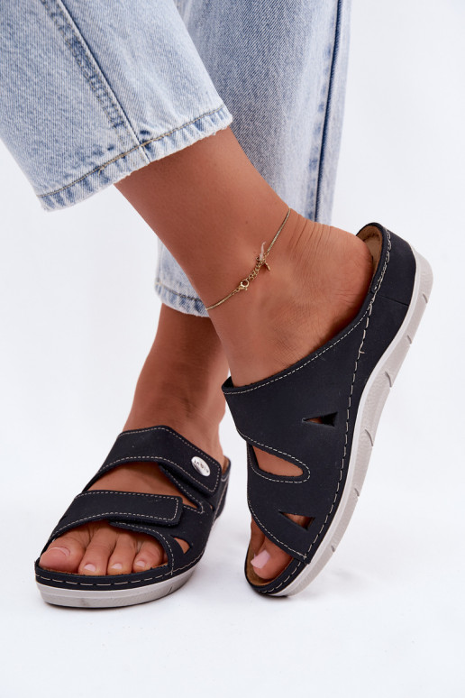 Dunkelblaue Damenschuhe aus Leder mit Klettverschlüssen Inblu OE0001GU