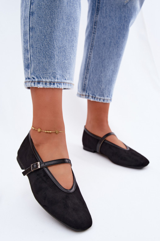 Schwarze Ballerinas mit Riemen aus Kunstveloursleder Felora