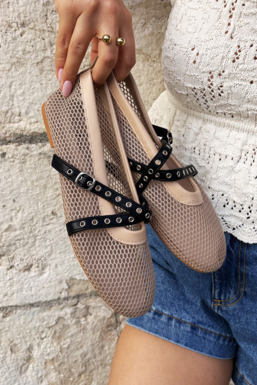 Netz-Ballerinas mit Riemen in Sand Salliroe