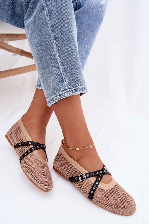 Netz-Ballerinas mit Riemen in Sand Salliroe
