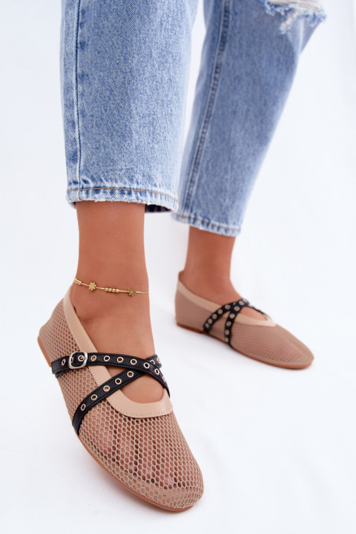 Netz-Ballerinas mit Riemen in Sand Salliroe