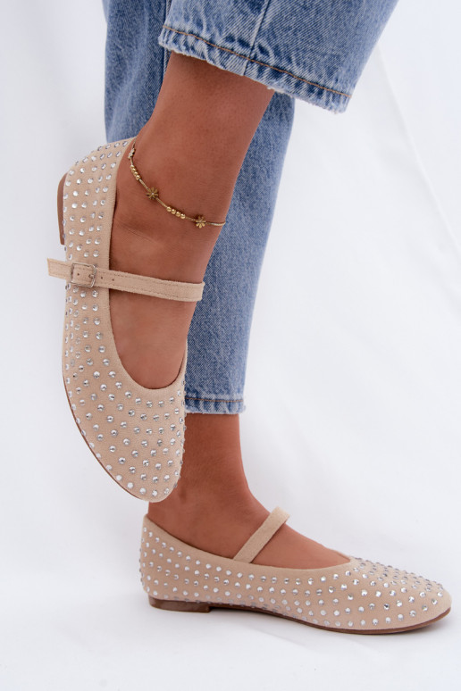 Sandfarbene dekorierte Ballerinas mit Riemen Nerolia