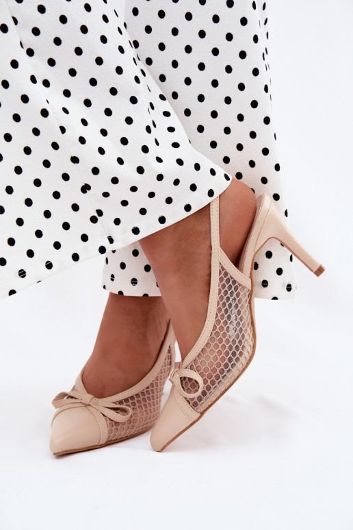 Beige Mesh-Sandalen mit dünnen Absätzen und Schleifen Moona