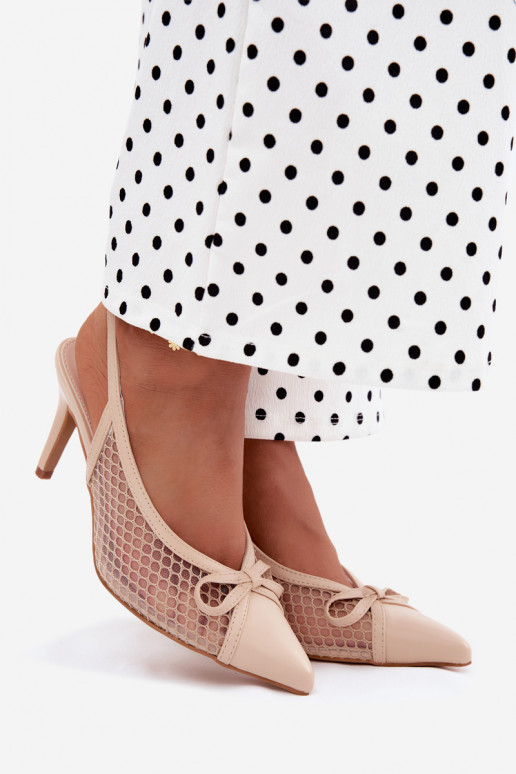 Beige Mesh-Sandalen mit dünnen Absätzen und Schleifen Moona