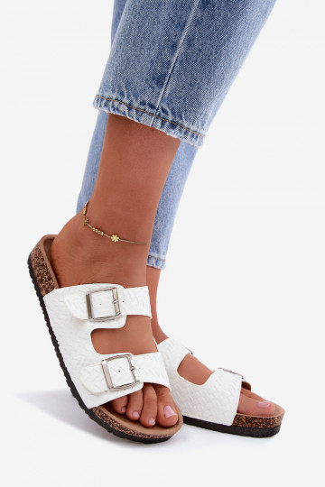 Weiße Damenpantoletten mit Schnallen Verbelle
