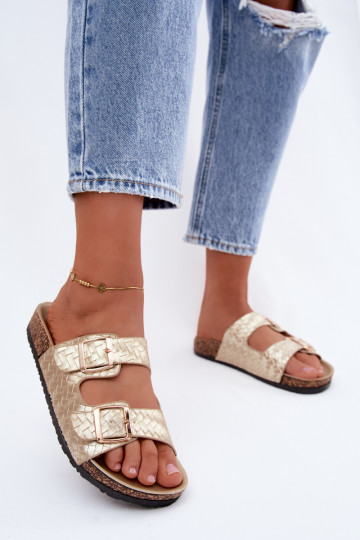 Goldfarbene Damenpantoletten mit Schnallen Verbelle