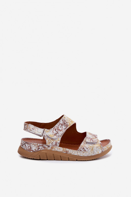 Weiß-goldene Damen-Sandalen mit Plattform und klebrigen Verschlüssen