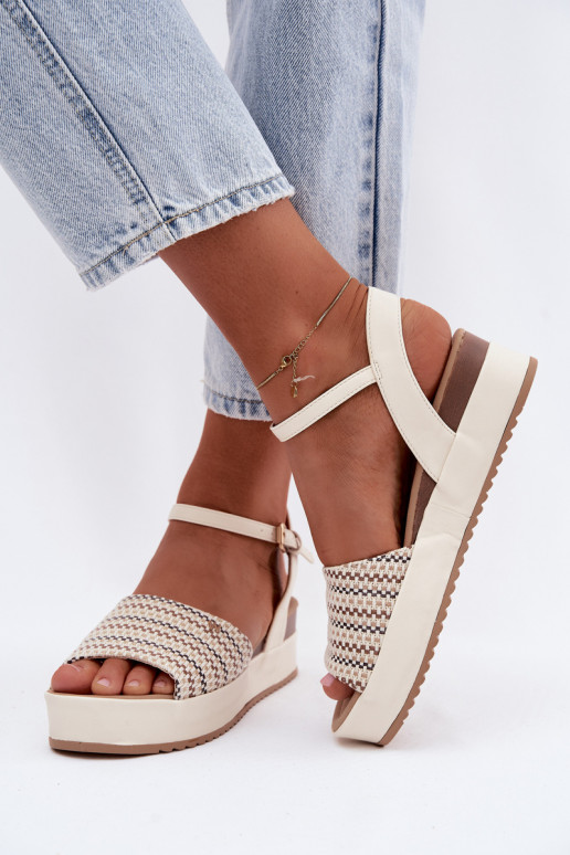 Elfenbeinfarbene Damen-Sandalen mit Plattform