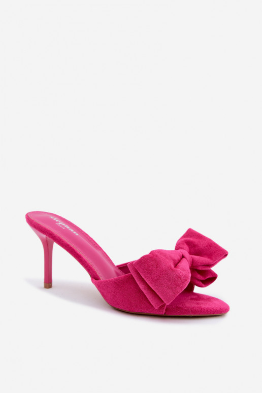 Damen-Slipper mit dünnen Absätzen und Schleifen aus Kunstwildleder in Rosa Tai turignolia
