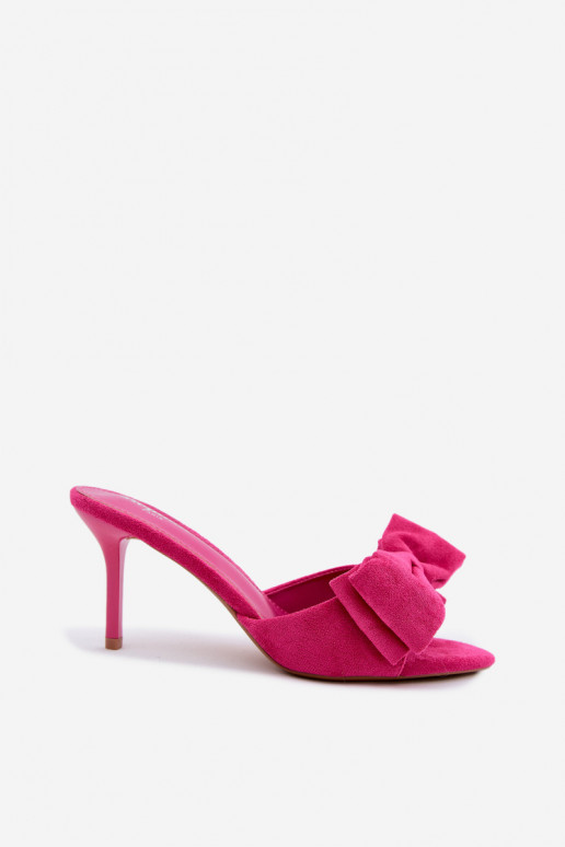 Damen-Slipper mit dünnen Absätzen und Schleifen aus Kunstwildleder in Rosa Tai turignolia