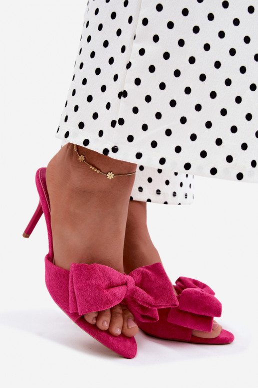 Damen-Slipper mit dünnen Absätzen und Schleifen aus Kunstwildleder in Rosa Tai turignolia