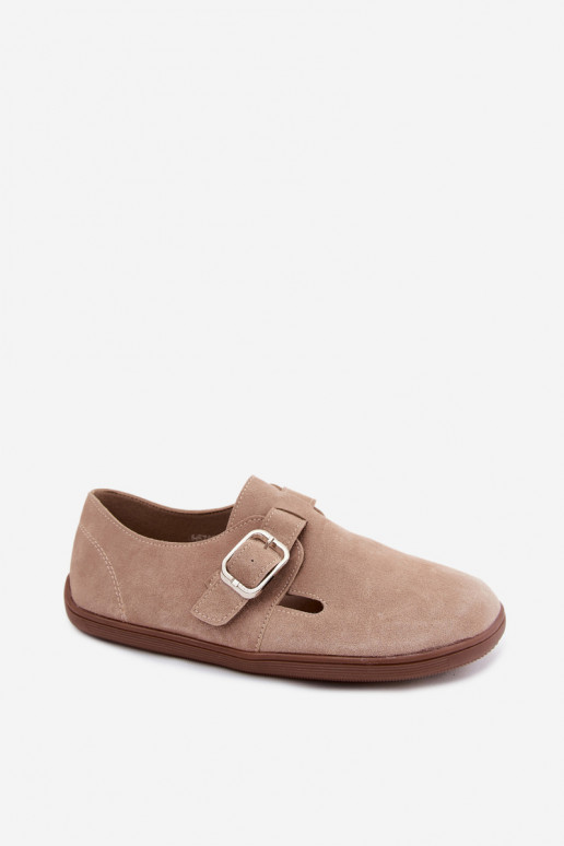 Sandfarbene Damenschuhe mit Schnallen aus Kunstveloursleder Sombellia