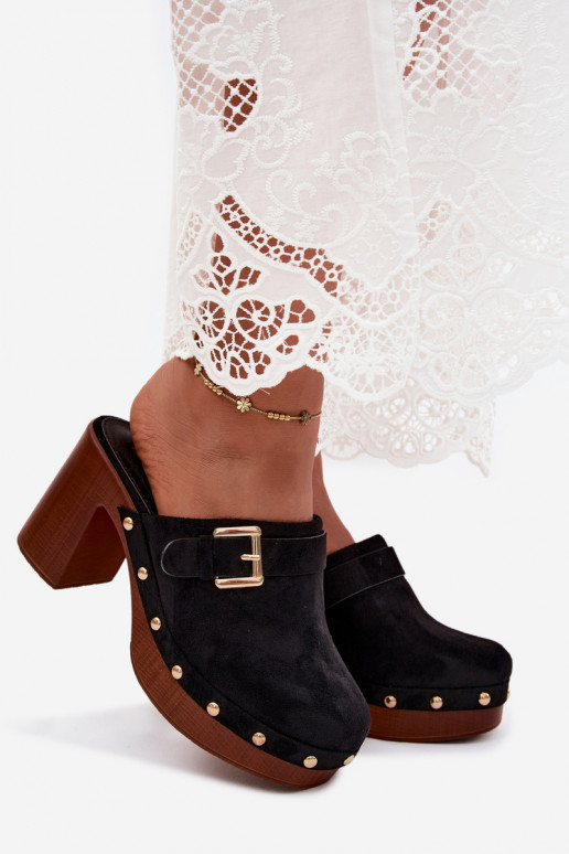 Schwarze Damenclogs mit Absätzen, Schnallen und Nieten Lagunelle