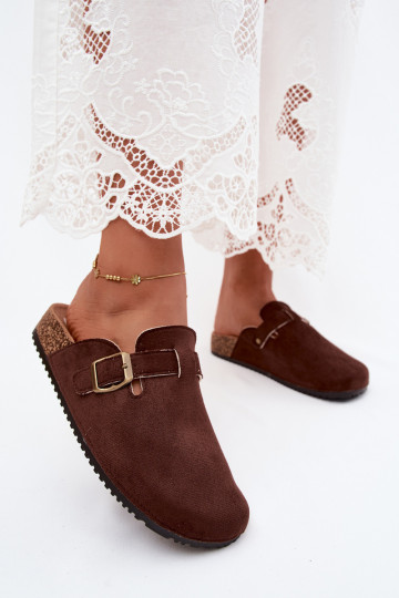 Schokoladenfarbene Damenclogs mit Schnallen aus Kunstveloursleder Tropina 2