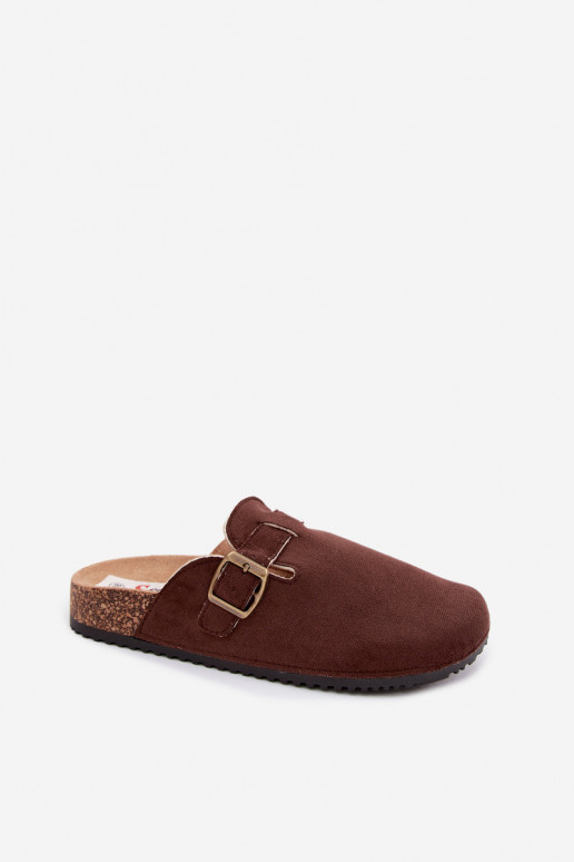 Schokoladenfarbene Damenclogs mit Schnallen aus Kunstveloursleder Tropina