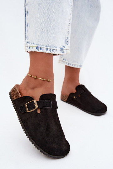 Schwarze Damenclogs mit Schnallen aus Kunstveloursleder Tropina 2