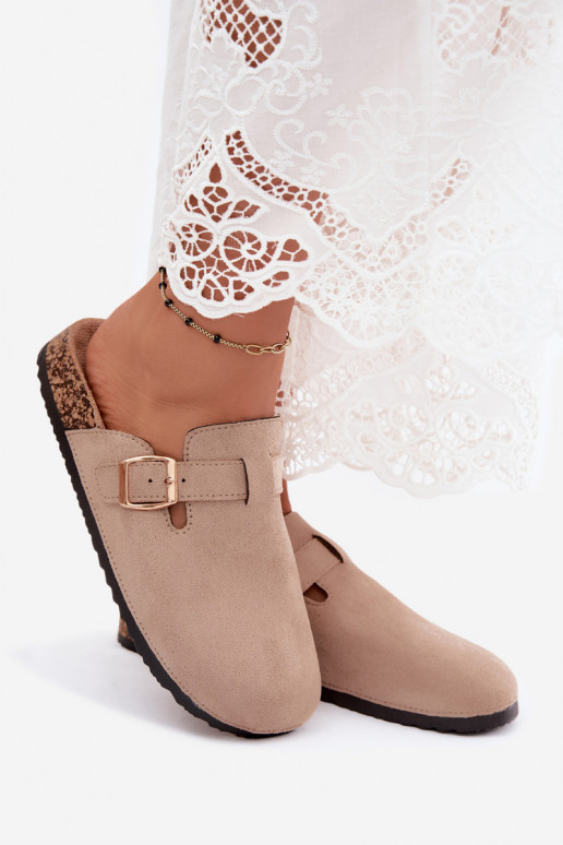 Damen Clogs mit Schnallen in Sandfarbe aus Kunstveloursleder Glamora