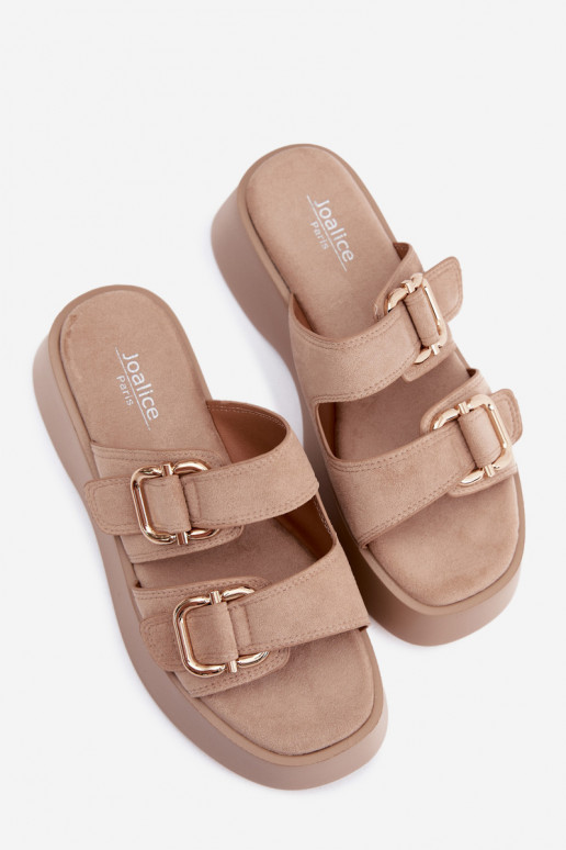 Damen Clogs mit Plattform und Schnallen in Goldfarbe aus Kunstveloursleder Hazelia