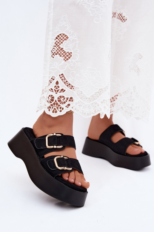 Damen Clogs mit Plattform und Schnallen in Schwarz aus Kunstveloursleder Hazelia