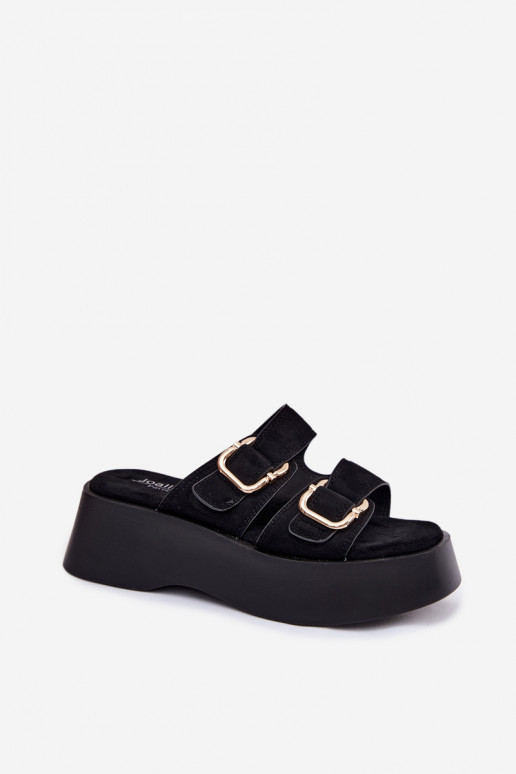 Damen Clogs mit Plattform und Schnallen in Schwarz aus Kunstveloursleder Hazelia
