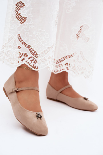 Damen Ballerinas mit Riemen und Schnallen in Sandfarbe aus Kunstveloursleder Pinea 2