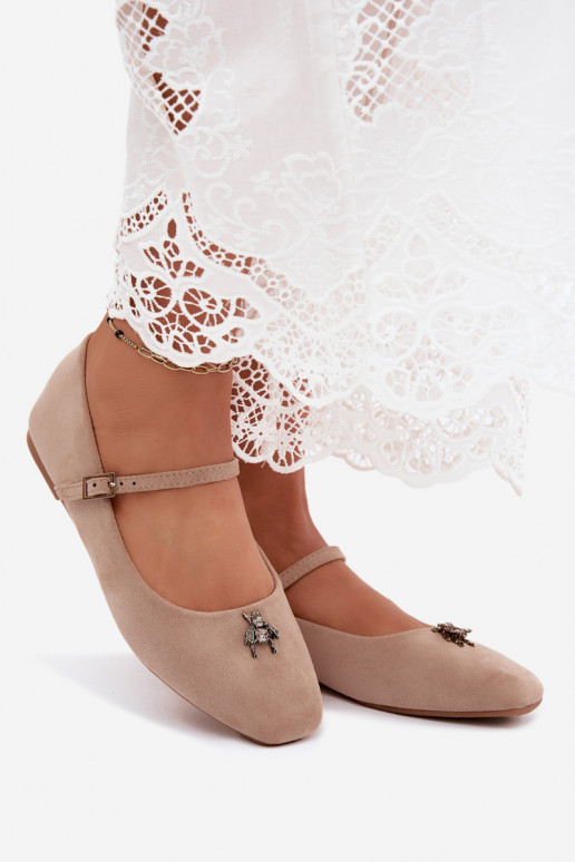 Damen Ballerinas mit Riemen und Schnallen in Sandfarbe aus Kunstveloursleder Pinea