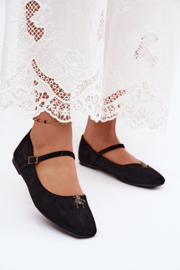 Damen Ballerinas mit Riemen und Schnallen in Schwarz aus Kunstveloursleder Pinea
