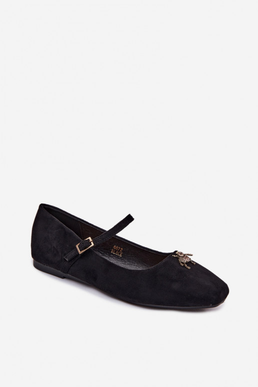 Damen Ballerinas mit Riemen und Schnallen in Schwarz aus Kunstveloursleder Pinea