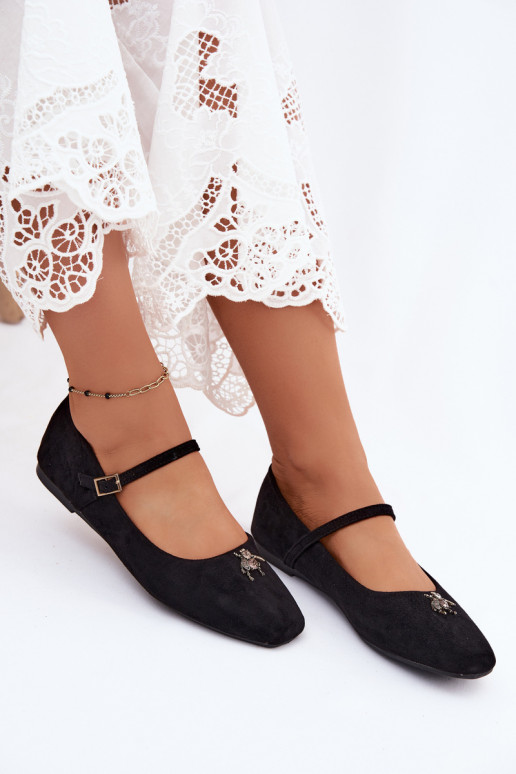 Damen Ballerinas mit Riemen und Schnallen in Schwarz aus Kunstveloursleder Pinea
