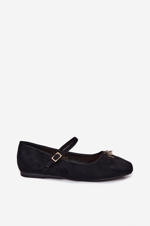 Damen Ballerinas mit Riemen und Schnallen in Schwarz aus Kunstveloursleder Pinea