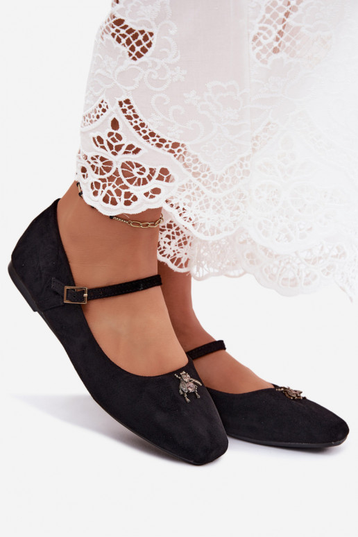 Damen Ballerinas mit Riemen und Schnallen in Schwarz aus Kunstveloursleder Pinea
