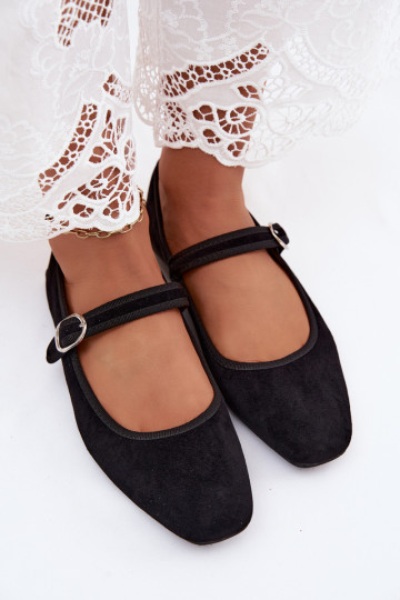 Damen Ballerinas mit Riemen in Schwarz aus Kunstveloursleder Birchia
