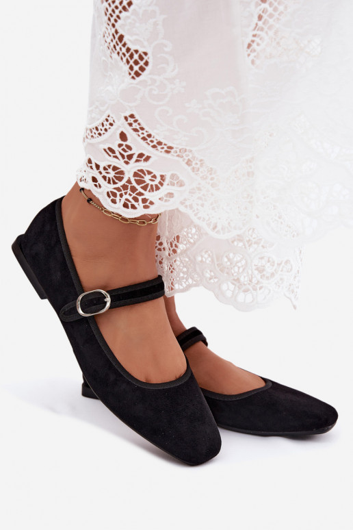 Damen Ballerinas mit Riemen in Schwarz aus Kunstveloursleder Birchia