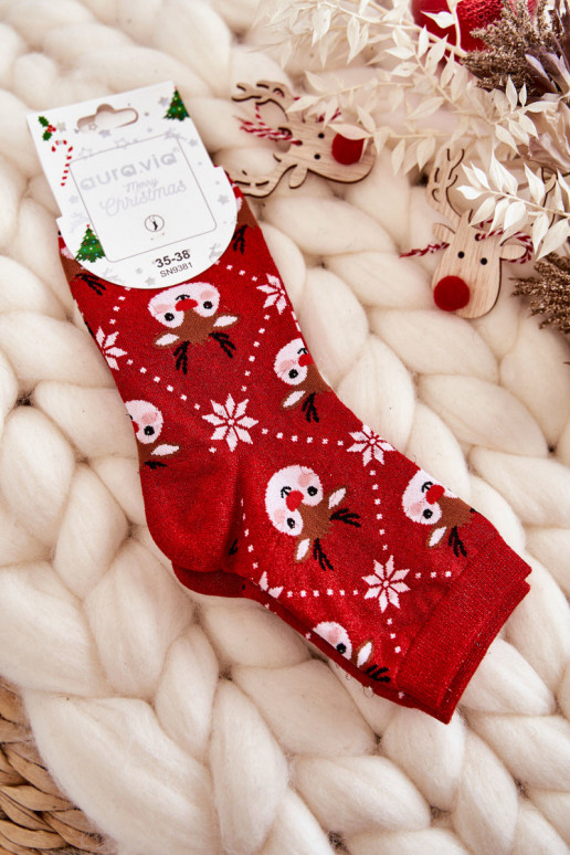 Damen Weihnachtsstrümpfe mit Glanz in roter Farbe Reindeers