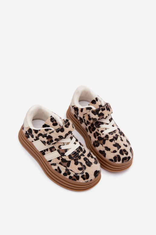 Kindersportschuhe mit Leopardenmuster und Klettverschluss in Sandfarbe Satinia