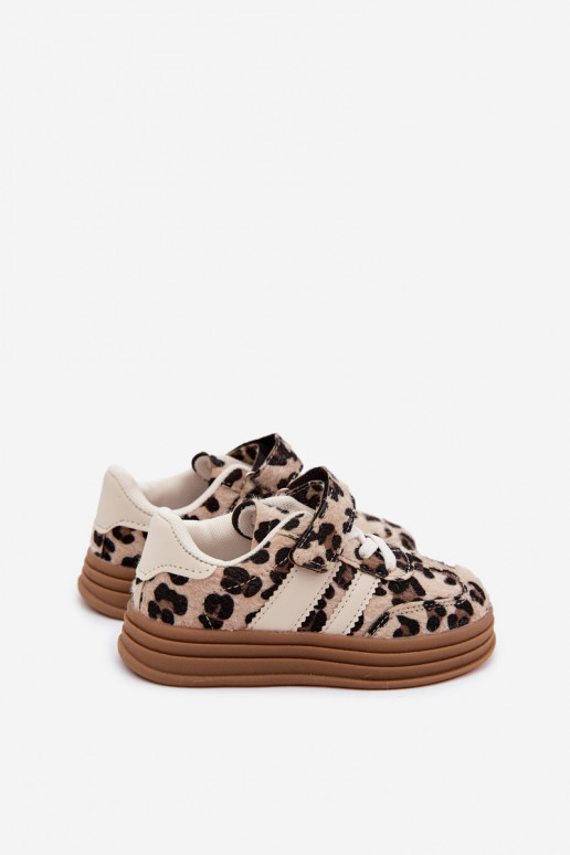 Kindersportschuhe mit Leopardenmuster und Klettverschluss in Sandfarbe Satinia