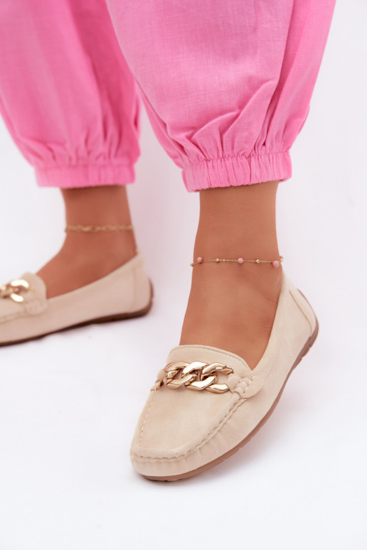 Damen Mokassins in Gold mit Kette aus Kunstveloursleder in Sandfarbe Amaretto