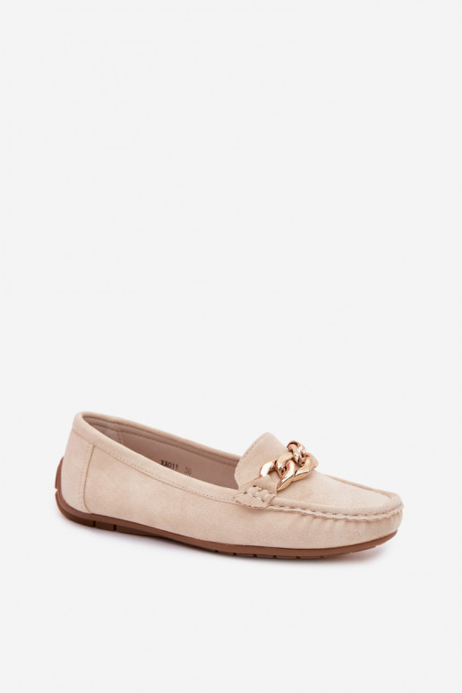 Damen Mokassins in Gold mit Kette aus Kunstveloursleder in Sandfarbe Amaretto