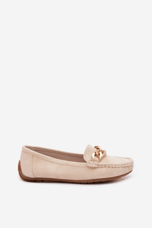 Damen Mokassins in Gold mit Kette aus Kunstveloursleder in Sandfarbe Amaretto