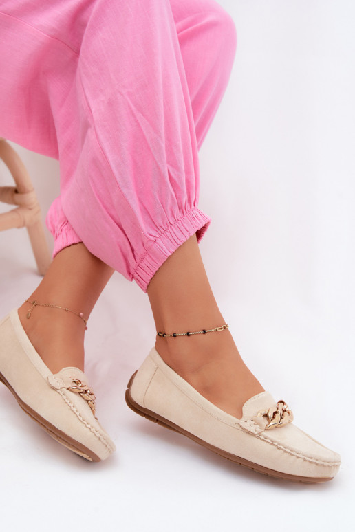 Damen Mokassins in Gold mit Kette aus Kunstveloursleder in Sandfarbe Amaretto