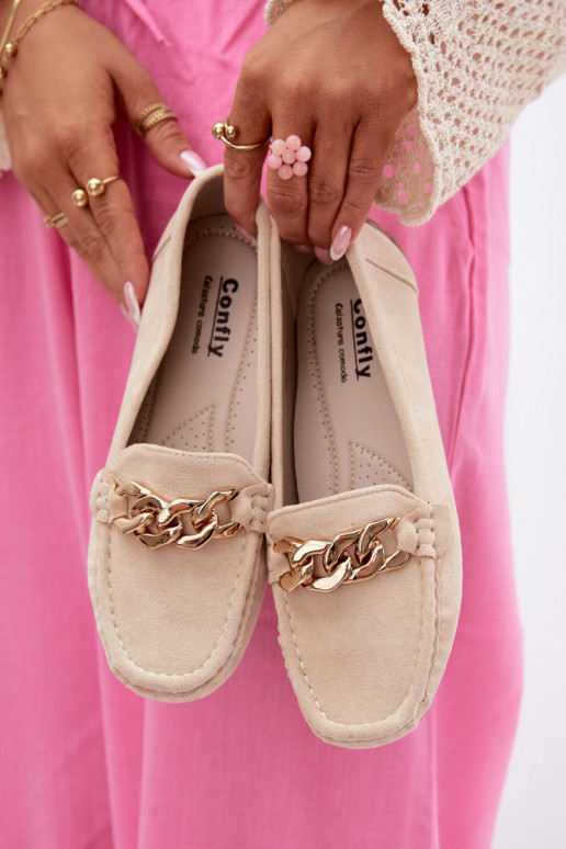 Damen Mokassins in Gold mit Kette aus Kunstveloursleder in Sandfarbe Amaretto