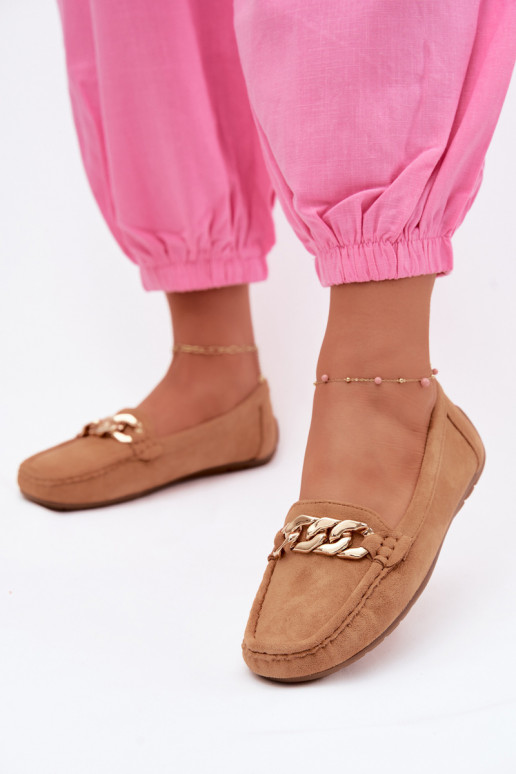Damen Mokassins in Gold mit Kette aus Kunstveloursleder in Braun Amaretto