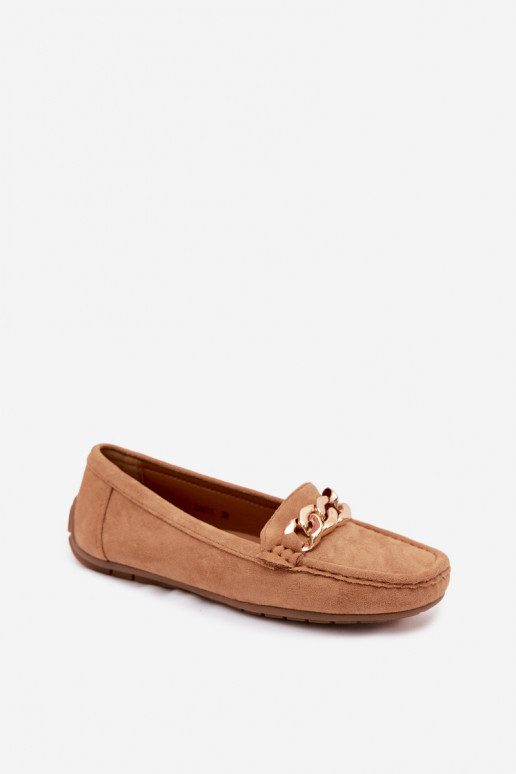 Damen Mokassins in Gold mit Kette aus Kunstveloursleder in Braun Amaretto