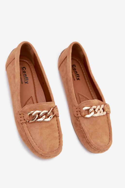 Damen Mokassins in Gold mit Kette aus Kunstveloursleder in Braun Amaretto