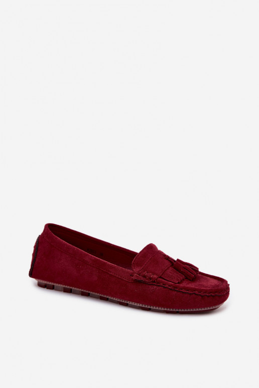 Damen Mokassins mit Fransen aus Kunstveloursleder in Bordeaux Linden