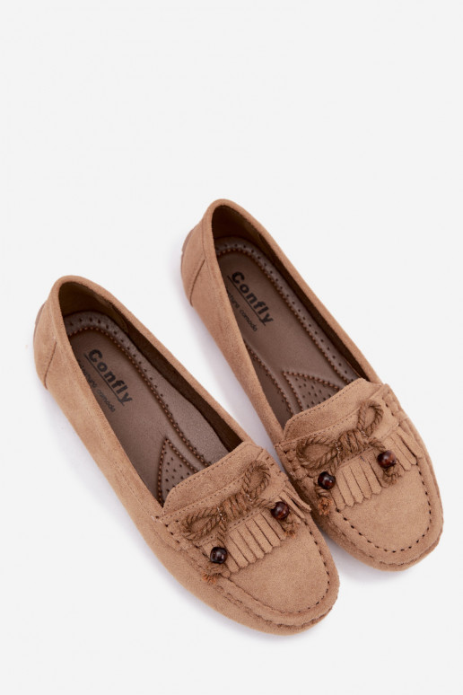 Damen flache Mokassins mit Schleifen und Fransen aus Kunstveloursleder in Sandfarbe Bluebell