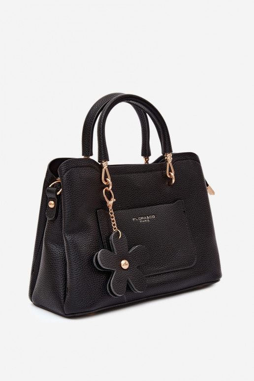 Handtasche mit Kunstveloursleder-Schlüsselanhänger mit Blumenmotiven in Schwarz Noomi