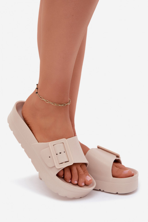 Beige Damen-Slipper mit Plattform und Schnallen Caramel