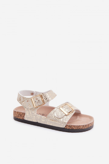 Goldene Kindersandalen mit Schnallen und Aufschriften Praline